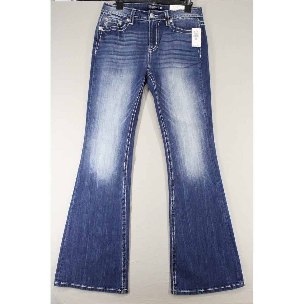 Miss Me Jeans Flare Mid-Rise Women 30x34 Blue Denim Embellished Y2K Boho Western